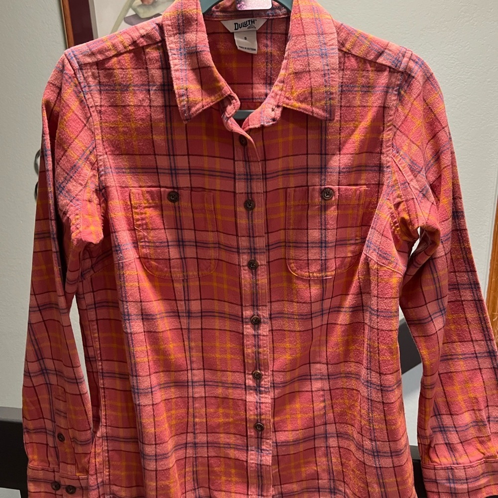 Duluth Trading Co Women's Orange Plaid Button Down Shirt #255
